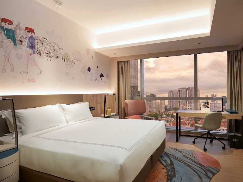 Cozy room, city sunset views